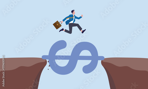 Financial help solution to get pass crisis, budget or loan payment concept, money to rescue or support business to survive, businessman jump pass cliff gap with money dollar sign bridge.