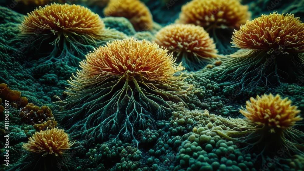 A mesmerizing close-up of vibrant, textured botanical structures resembling flowers, set against a dark, underwater-like background. Perfect for scientific or artistic projects A mesmerizing close-up of vibrant, textured botanical structures resembling flowers, set against a dark, underwater-like background. Perfect for scientific or artistic projects