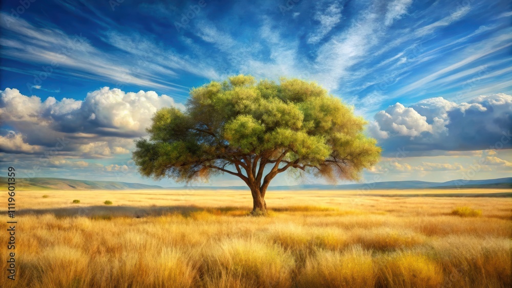 Landscape painting of an olive tree and vast dry grassland, olive tree, landscape, painting, nature, dry grass, scenery Landscape painting of an olive tree and vast dry grassland, olive tree, landscape, painting, nature, dry grass, scenery
