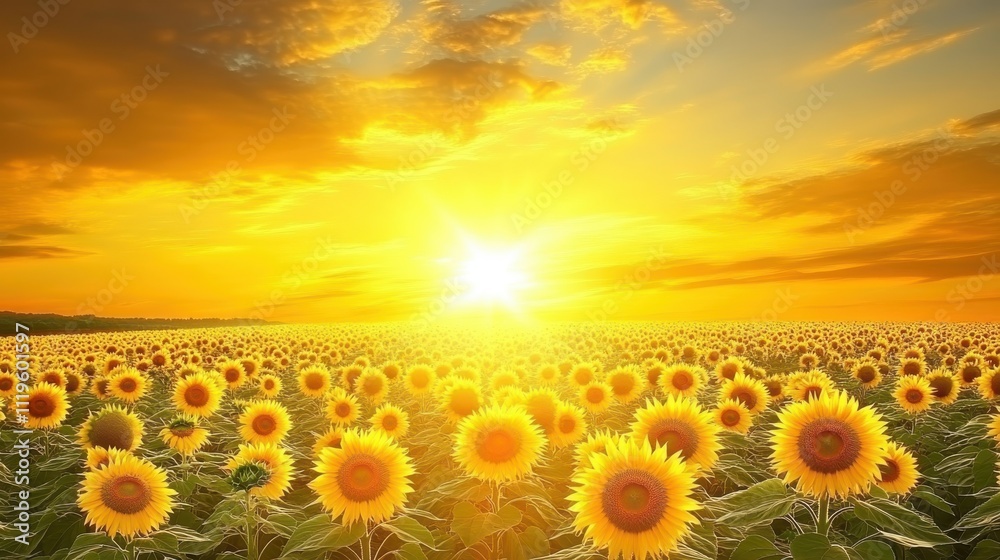 Obraz premium Bright sunflowers facing a golden sunrise, filling the field with their cheerful yellow hues focus on, summer blooms, vibrant, Fusion, sunflower field backdrop