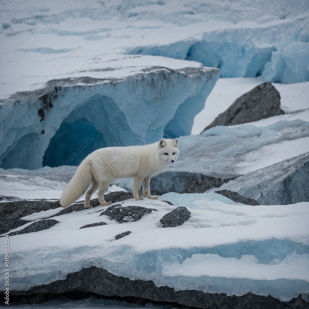 A snowy tundra with an Arctic fox peering out from behind an icy rock formation. A snowy tundra with an Arctic fox peering out from behind an icy rock formation.