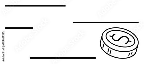 Coin featuring dollar sign, horizontal lines symbolizing check elements. Ideal for banking, finances, transactions, payments, savings, accounting business. Line metaphor