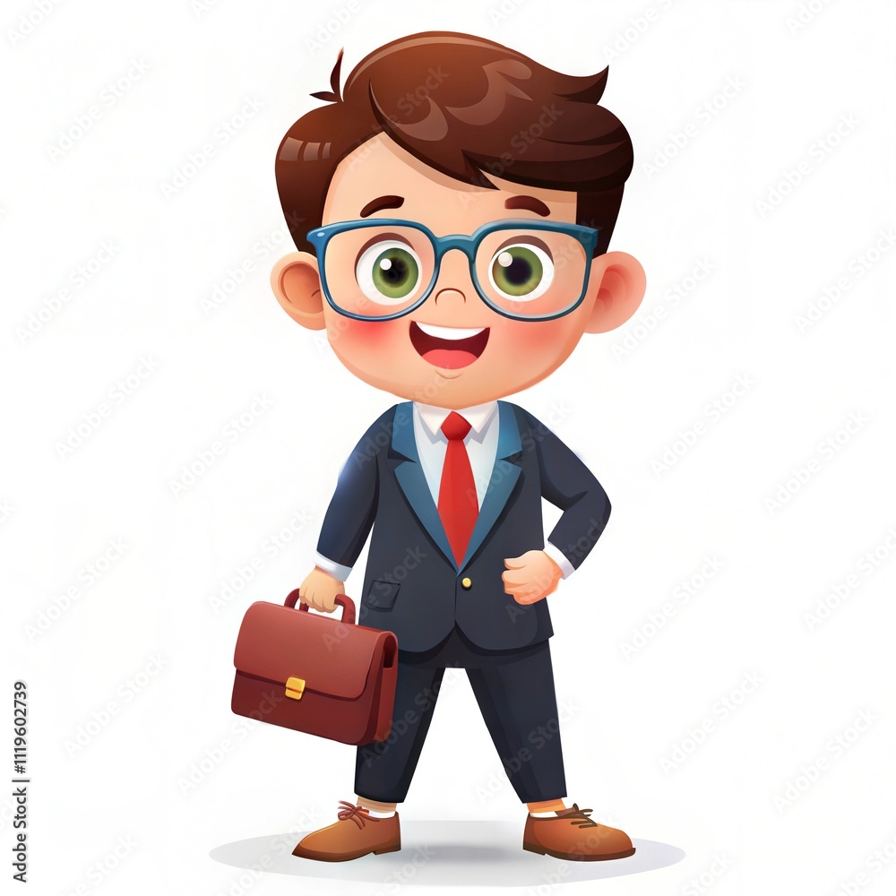 Cartoon Illustration of a Happy Young Boy in Blue Suit with Briefcase Cartoon Illustration of a Happy Young Boy in Blue Suit with Briefcase