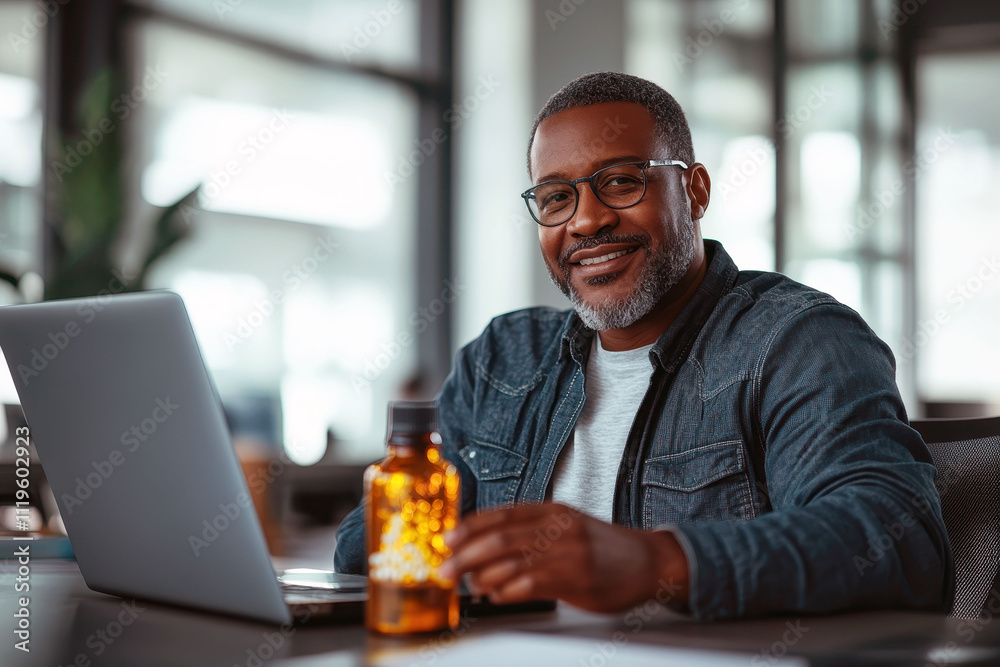 Smiling Man with Herbal Supplements at Laptop Smiling Man with Herbal Supplements at Laptop