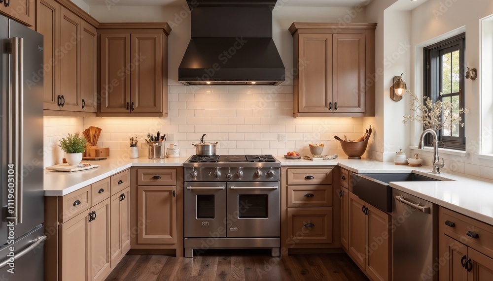Fototapeta premium A modern kitchen showcases warm mocha mousse cabinets paired with a light backsplash. Dark wooden flooring enhances the cozy elegance, while well-placed lighting adds warmth