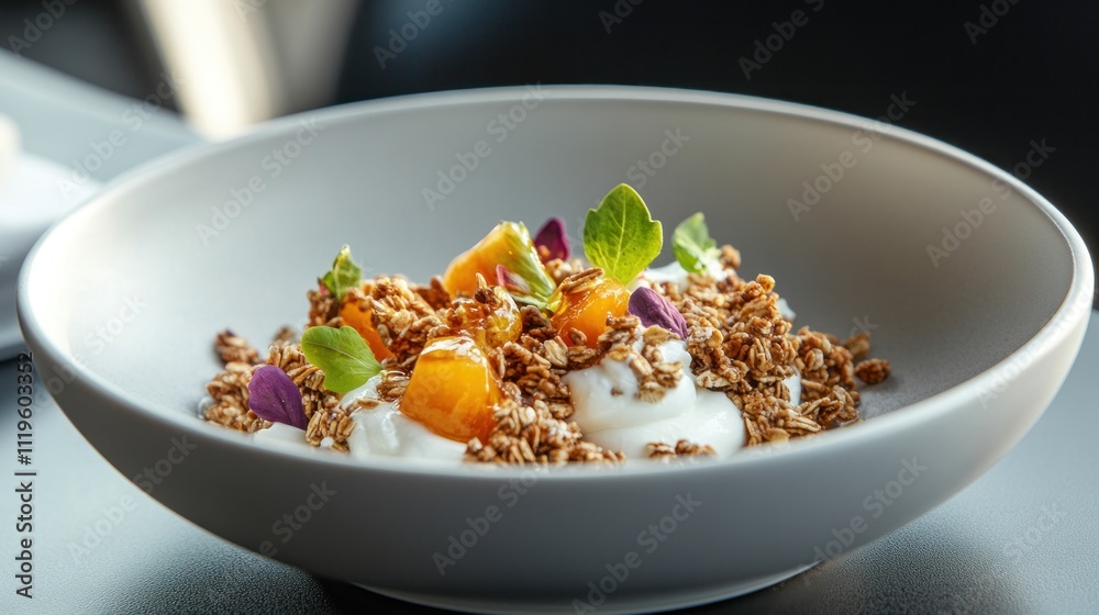 Delicious granola with yogurt and fruit in a bowl. Delicious granola with yogurt and fruit in a bowl.