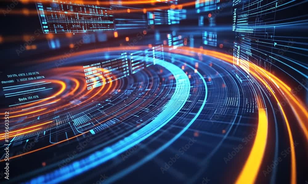Abstract digital data stream swirling in a futuristic tech style, glowing with blue and orange light.