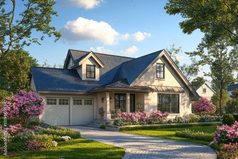 Charming suburban house beige exterior gray roof attached garage blooming pink flowers Charming suburban house beige exterior gray roof attached garage blooming pink flowers