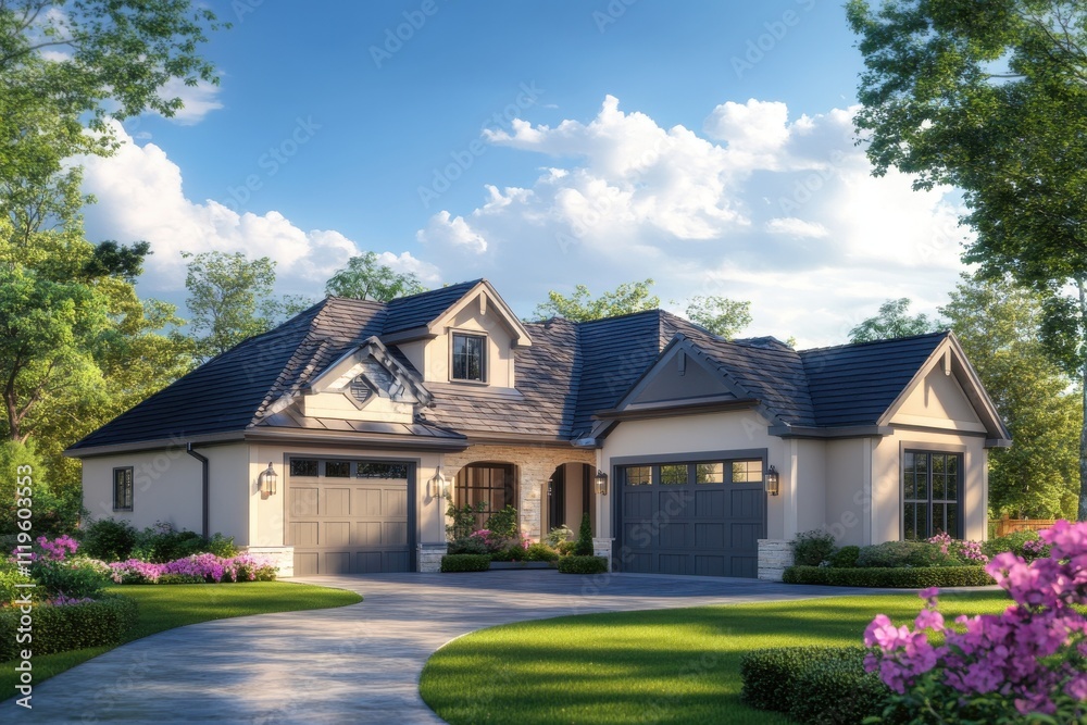 Charming suburban house beige exterior gray roof attached garage blooming pink flowers Charming suburban house beige exterior gray roof attached garage blooming pink flowers