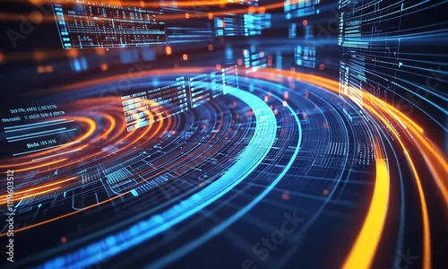 Abstract digital data stream swirling in a futuristic tech style, glowing with blue and orange light.