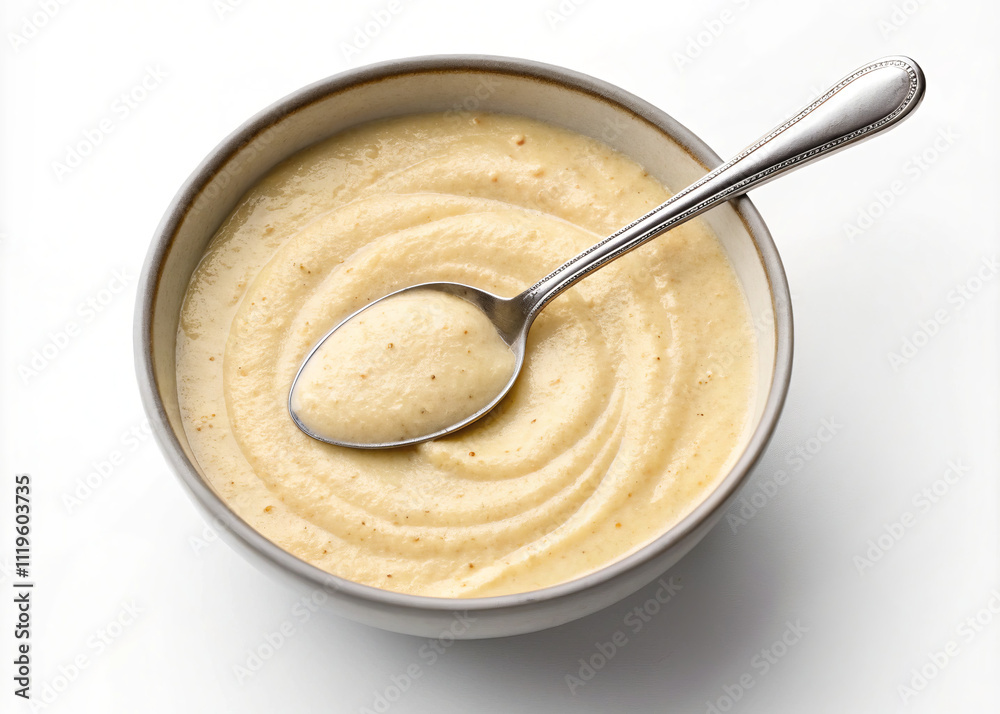 Creamy bowl of porridge with spoon
Creamy bowl of porridge with spoon