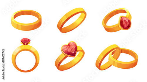 Set of gold rings with rubies. Engagement rings, gift for wedding or valentine's day for lovers. Vector isolated icons