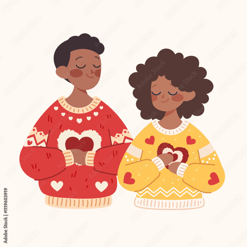 Loving couple in steamy knitted sweaters and hearts in hands. Black guy and girl for valentine's day. Printable vector illustration Loving couple in steamy knitted sweaters and hearts in hands. Black guy and girl for valentine's day. Printable vector illustration