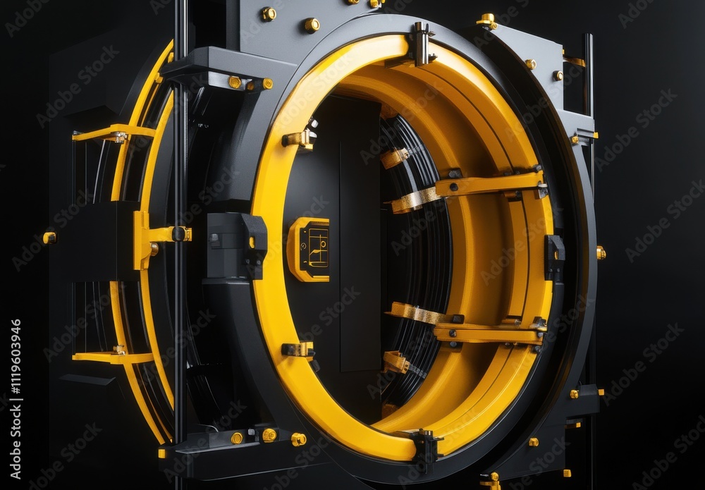 A Close-Up View of a High-Tech Vault Door Showcasing a Futuristic Design with Black and Yellow Elements, Highlighting Security Features and Intricate Details A Close-Up View of a High-Tech Vault Door Showcasing a Futuristic Design with Black and Yellow Elements, Highlighting Security Features and Intricate Details
