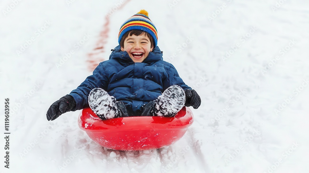 Xmas Kids Decor, Young boy sledding down a snowy hill, a trail of laughter following him, watercolor style Xmas Kids Decor, Young boy sledding down a snowy hill, a trail of laughter following him, watercolor style