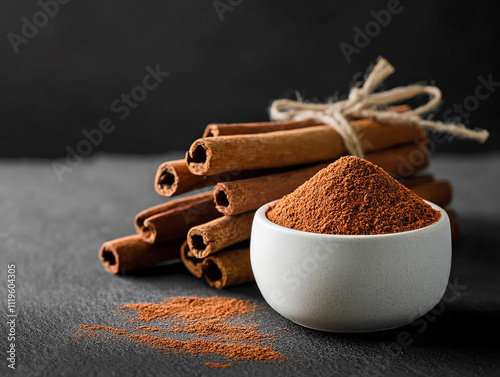 Fragrant Cinnamon Sticks with Powder: A Staple for Enhancing Recipes, Beverages, and Healthy Living photo