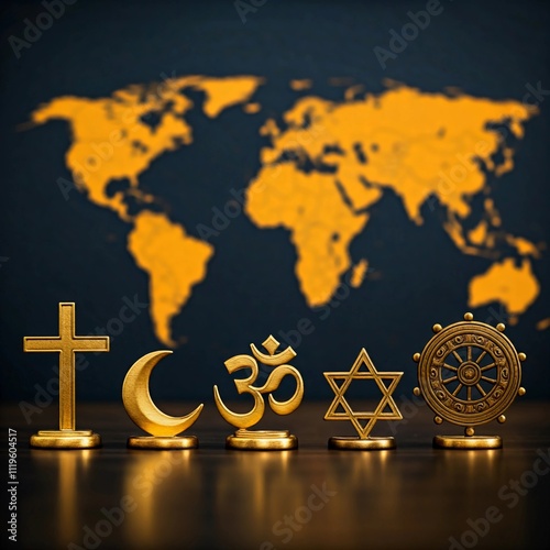 An Image of the symbols of Major Faiths of the world like Christianity, Islam, Hinduism, Jewism and Buddhism in front of a world Map. World Interfaith Harmony day is celebrated in February. 