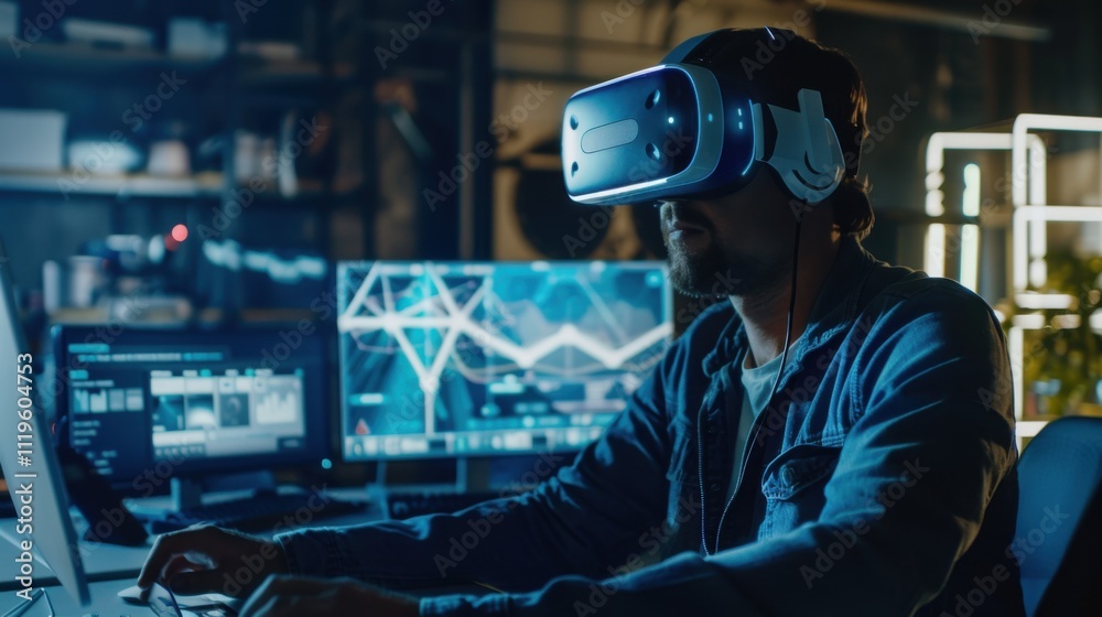 Developer wearing VR smart goggles working with artificial intelligence neural networks. IT expert using virtual reality tech and AI systems in futuristic workspace, Developer wearing VR smart goggles working with artificial intelligence neural networks. IT expert using virtual reality tech and AI systems in futuristic workspace,