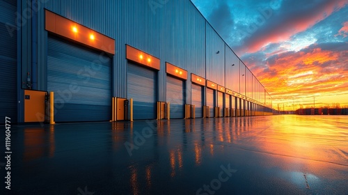 Vibrant sunset reflects off wet ground outside a large warehouse with yellow loading docks in the evening