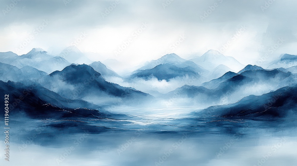 Fog blankets the mountains while calm waters reflect a pale sunrise illuminating the surrounding peaks