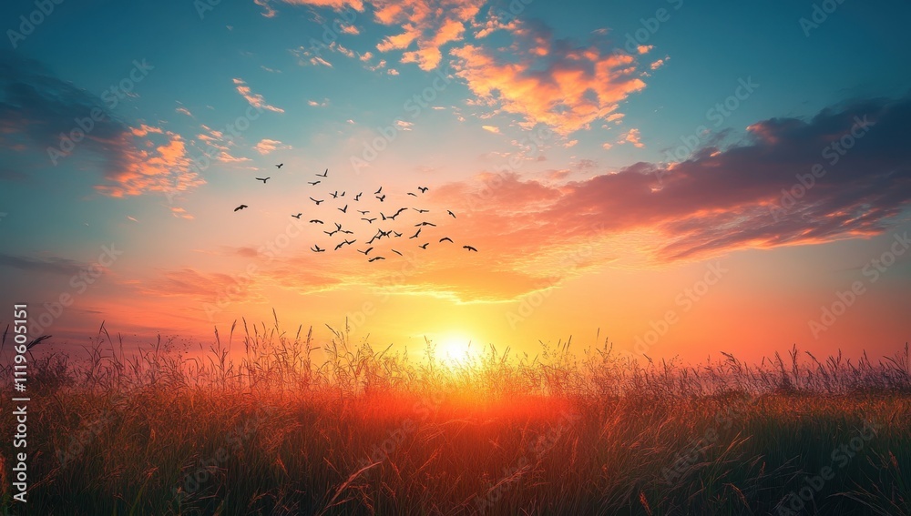 Fototapeta premium Breathtaking Sunset Over a Tranquil Field with Vibrant Colors and Silhouetted Birds Flying in the Sky, Creating a Peaceful and Serene Atmosphere at Dusk