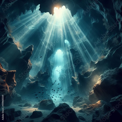 Underwater Cave with Sun Rays An underwater cavern where beams o