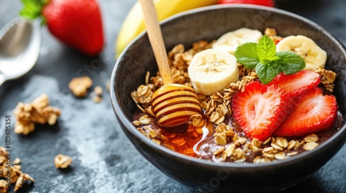 Wallpaper Mural Delicious acai bowl with strawberries, bananas, granola, and honey. Torontodigital.ca