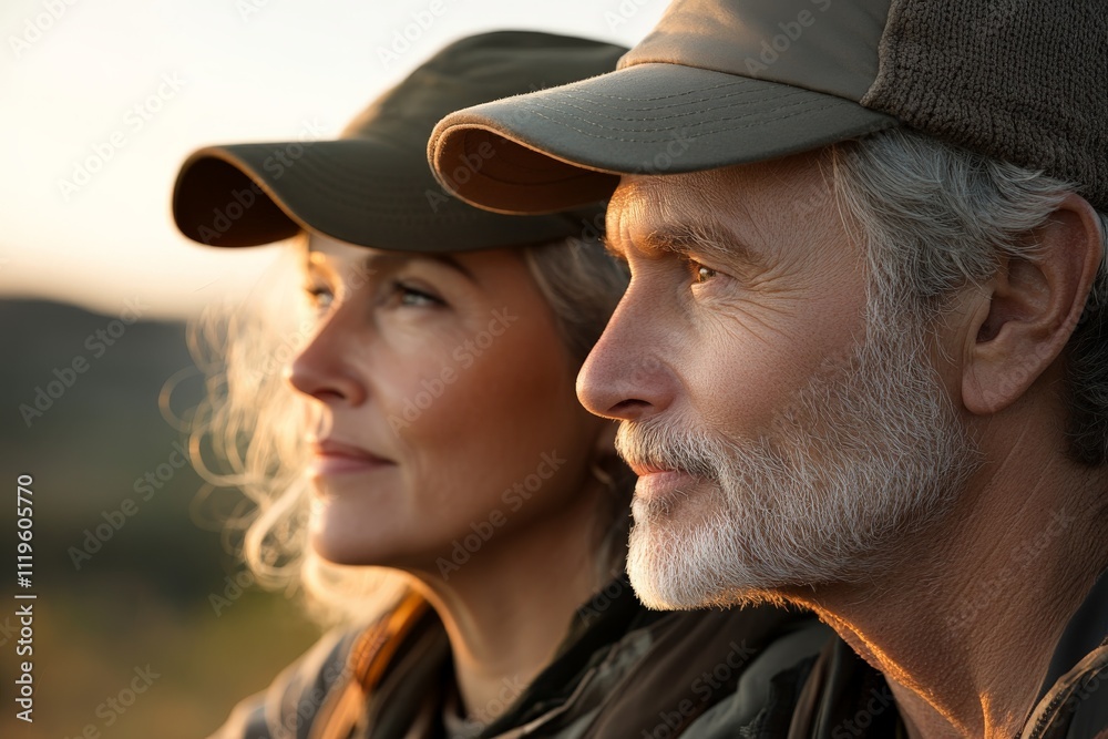 Couple enjoying a serene sunset while contemplating nature in a peaceful outdoor setting Couple enjoying a serene sunset while contemplating nature in a peaceful outdoor setting