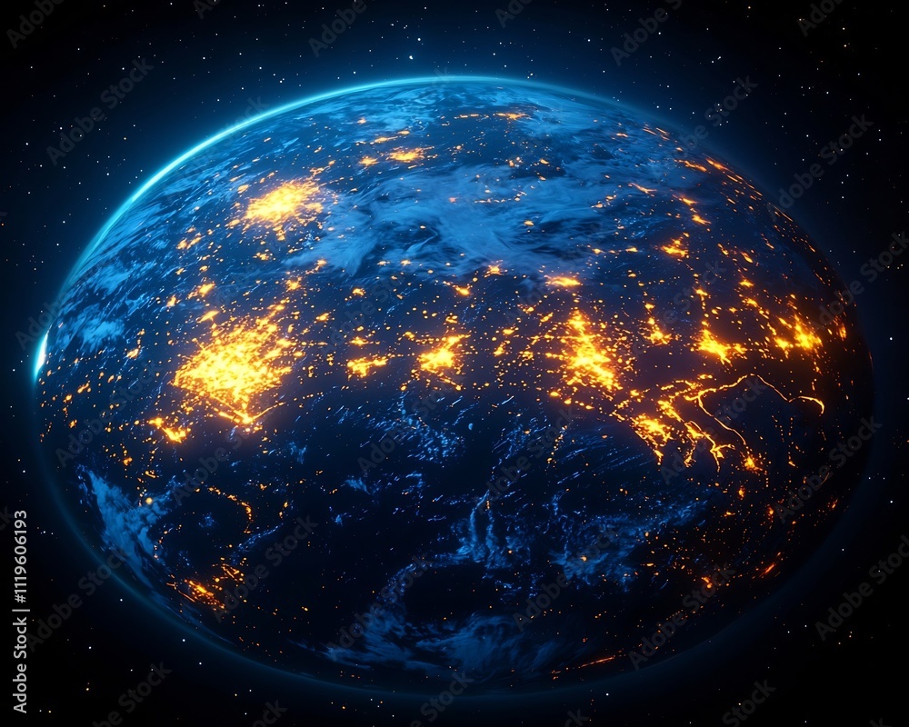 Obraz premium Futuristic Planet Earth Surrounded by Glowing Neon Rings Symbolizing Technological Advancements and