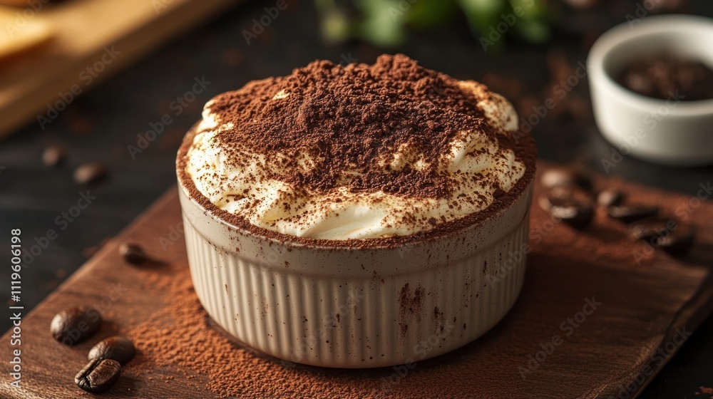 Creamy tiramisu dessert in a bowl, dusted with cocoa powder, coffee beans scattered around. Creamy tiramisu dessert in a bowl, dusted with cocoa powder, coffee beans scattered around.