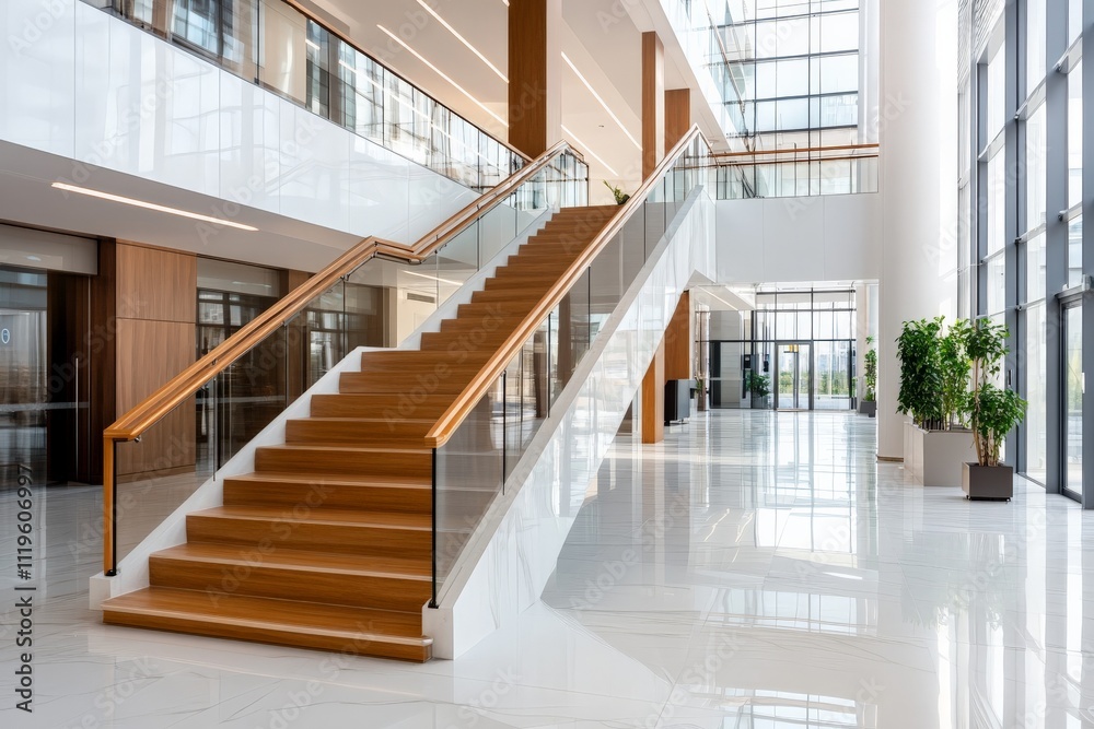 Modern staircase design in a spacious corporate building showcasing natural light during daytime