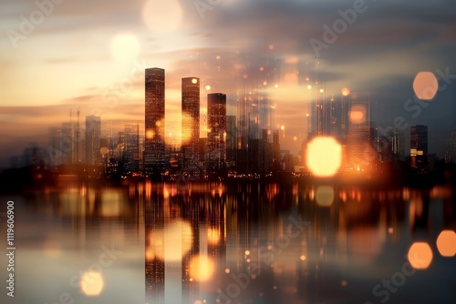 City skyline illuminated by sunset with shimmering reflections on water surface