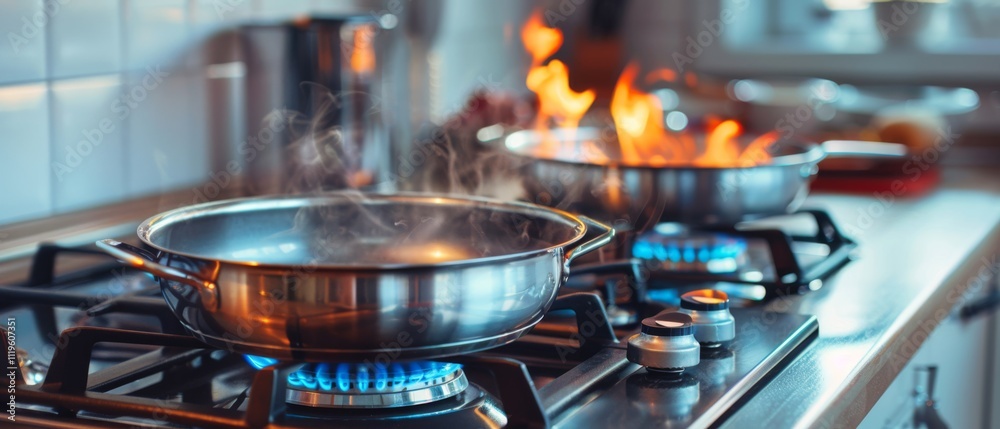 Flames and steam dance above pots in a bustling kitchen, capturing the art and energy of modern cooking. Flames and steam dance above pots in a bustling kitchen, capturing the art and energy of modern cooking.