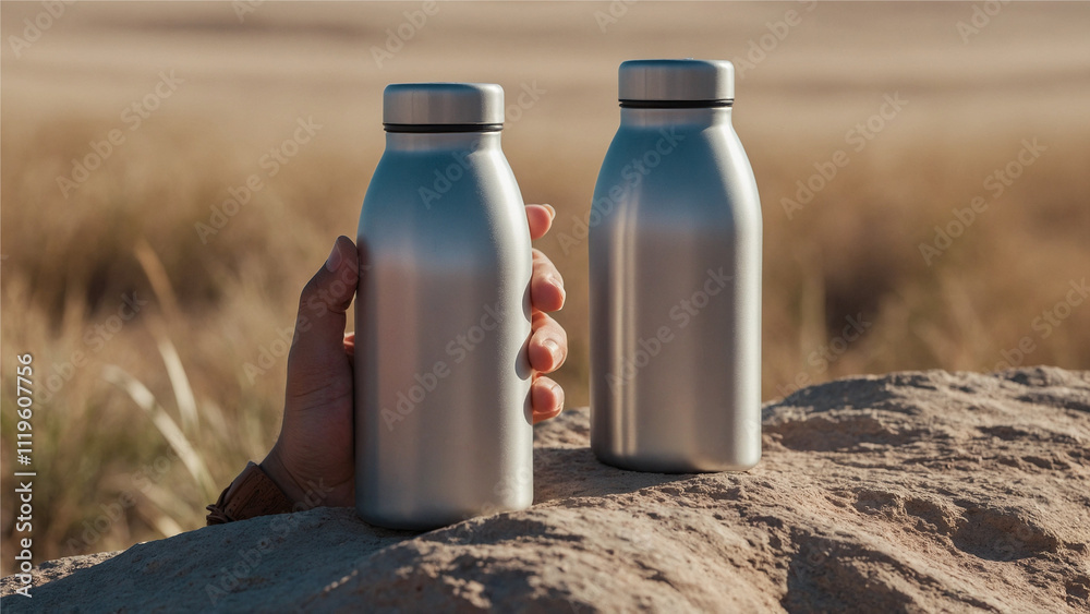 Bottle in Hand Mockup Two metal water bottles in a desert landscape. Bottle in Hand Mockup Two metal water bottles in a desert landscape.
