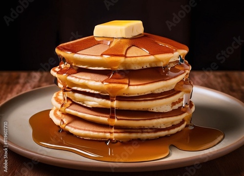 stack of pancakes drenched in syrup and topped with butter, with syrup pooling at the base, symbolizing a calorie-heavy breakfast. photo