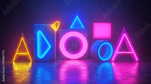 Bold geometric shapes in neon colors on a dark background, evoking vibrant 80s retro vibes focus on, vintage neon, dynamic, Double exposure, synthwave backdrop