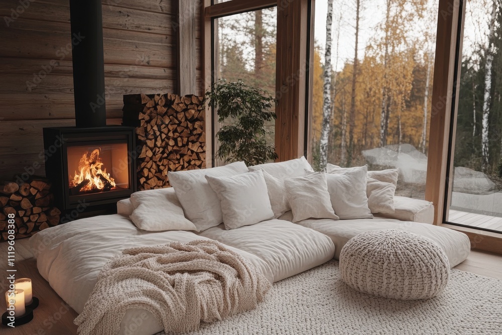 Fototapeta premium Cozy living room large comfortable sectional sofa white cushions knitted pouf ottoman