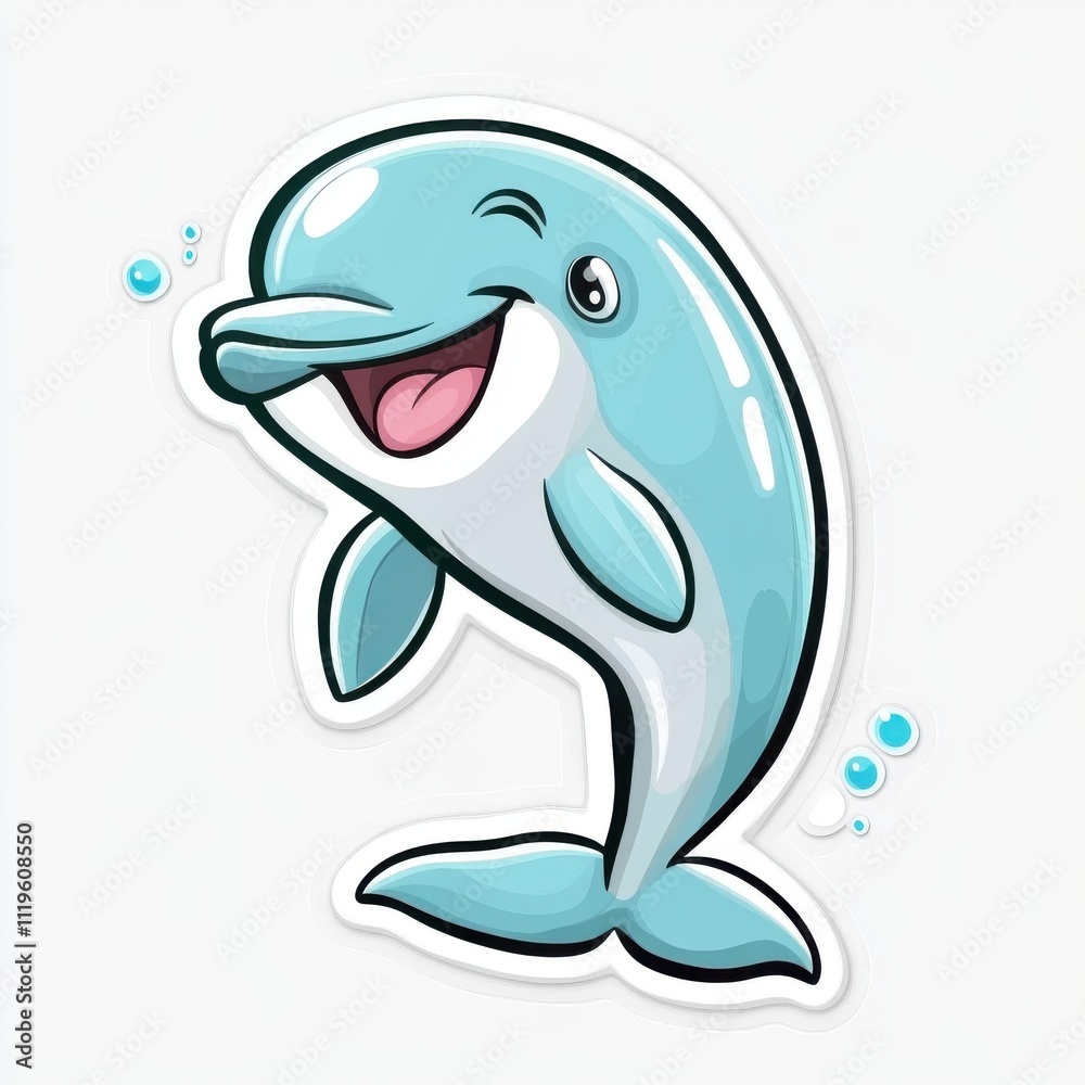 Naklejka premium Happy cartoon dolphin leaping playfully, isolated on white.