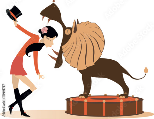 Circus. Deadly trick. The tamer trains the lion. 
Pretty tamer woman with a top hat is getting his head into the jaw of the lion. Isolated on white background
