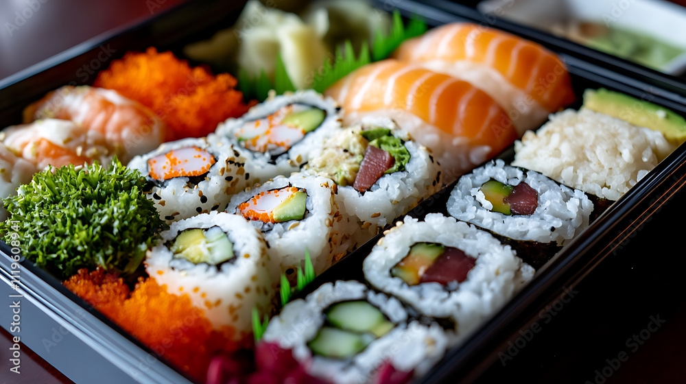 A colorful sushi bento box with a variety of maki sushi rolls A colorful sushi bento box with a variety of maki sushi rolls