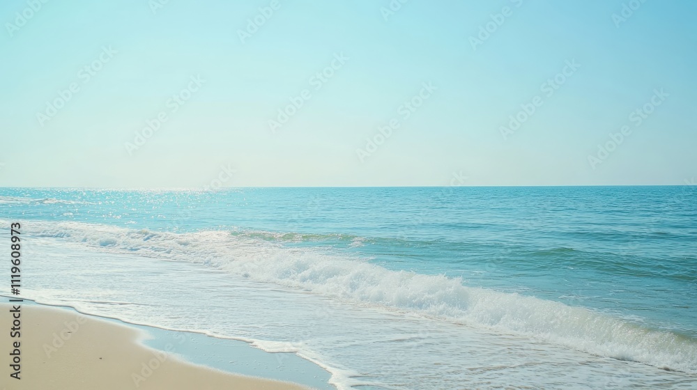 Obraz premium Clear blue ocean meeting white sands under a cloudless sky, inviting a peaceful beach atmosphere selective focus, pure relaxation, ethereal, Fusion, open shore backdrop