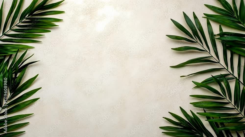 Green palm leaves on a beige background evoke tropical vibes and Palm Sunday celebration themes