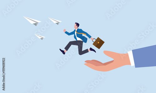 Advancement in career or business growth concept, aspiration and motivation to achieve bigger business target, business man jump to the goal by helping with big hand.