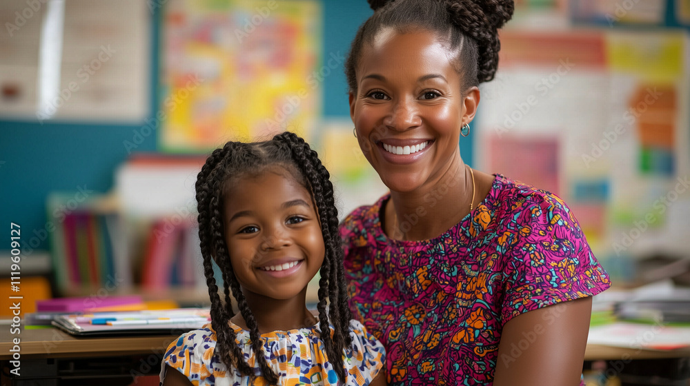 Cheerful Teacher Engaging with Student in Colorful Classroom Cheerful Teacher Engaging with Student in Colorful Classroom