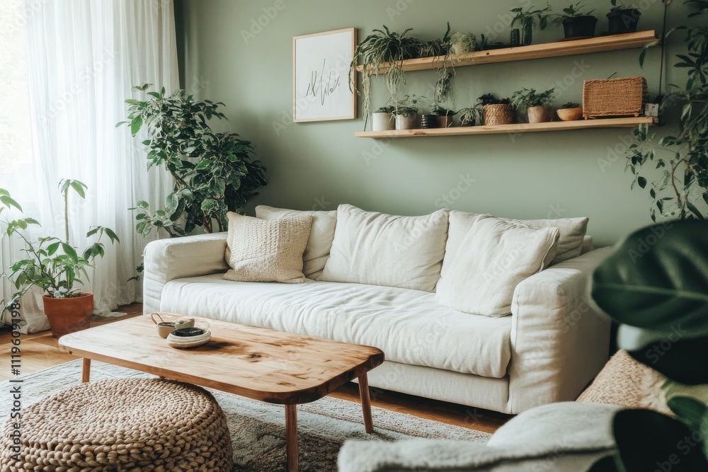 Fototapeta premium Cozy living room sage green walls white modern sofa wooden coffee table woven pouf