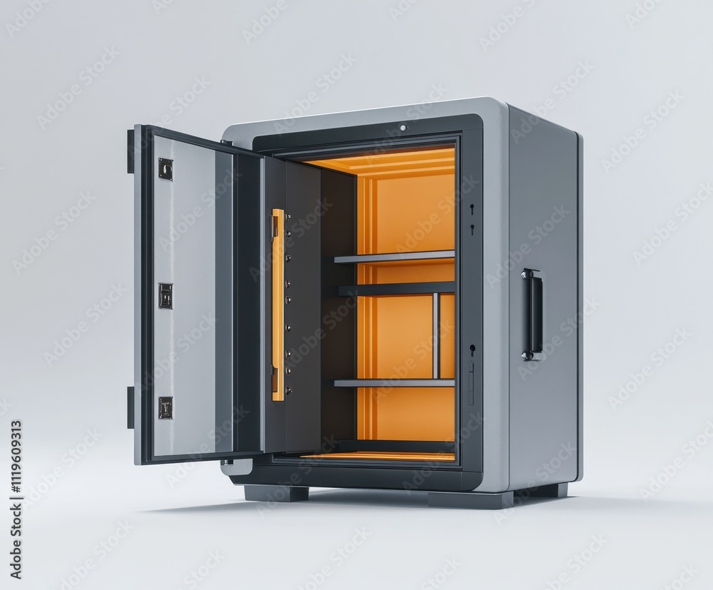 Modern Safe with Open Door Revealing Orange Interior, Ideal for Secure Storage of Valuables in Home or Office Environment Modern Safe with Open Door Revealing Orange Interior, Ideal for Secure Storage of Valuables in Home or Office Environment