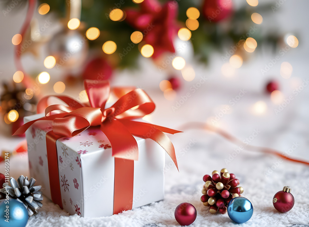 Holiday background for Boxing Day featuring a gift box with a golden ribbon. Holiday background for Boxing Day featuring a gift box with a golden ribbon.