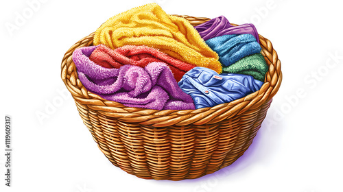 Soft Towels and Fresh Clothes in a Natural Wicker Laundry Basket