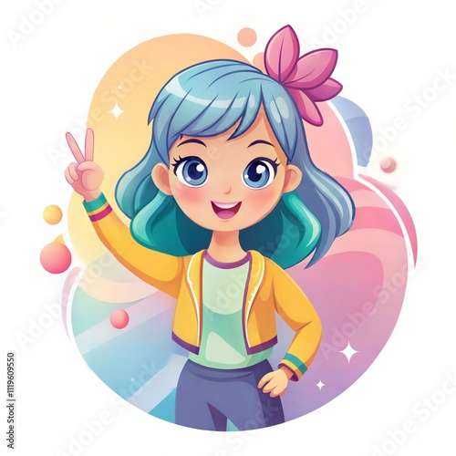 Smiling Girl with Peace Sign and Vibrant Background