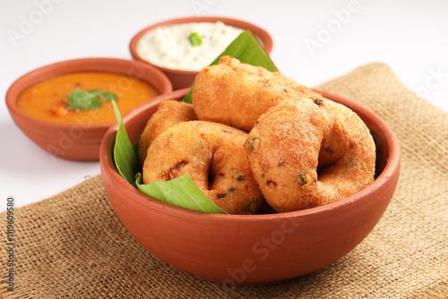 Medu Vada, a popular South Indian food served with Sambar ,Green coconut chutney ,Vada ,Medu vadai with sambar - Popular South Indian snack photo